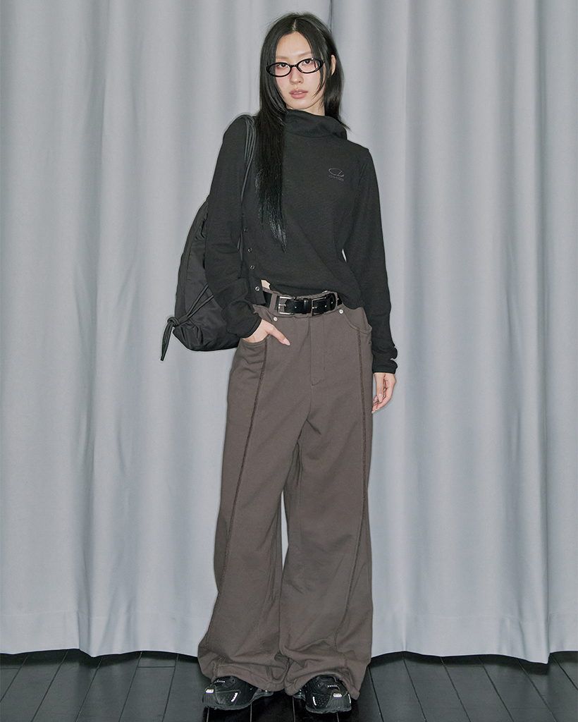 Cover Stitch Belt Wide Sweat Pants - DARK BROWN