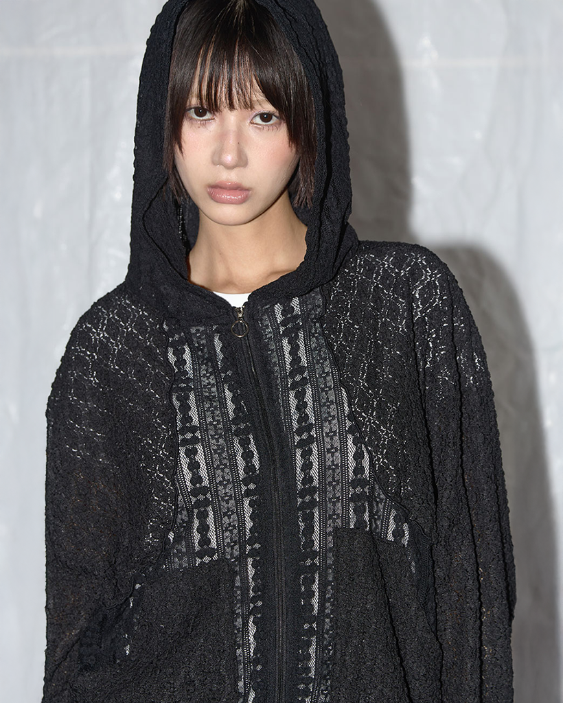 Plumpy Lace Line Hood Zip-Up (Black) F25QA965 | ファッション