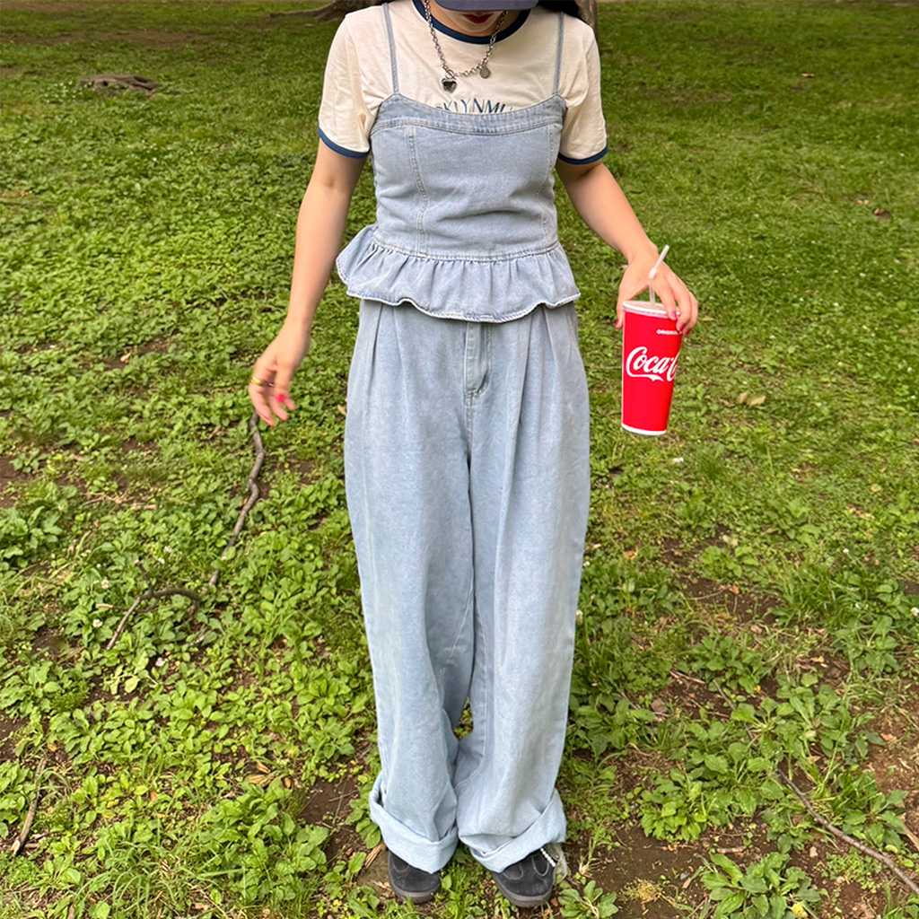 デニムキャミソールとパンツのセット パンツセットアップ レディース 夏 上下セット デニム