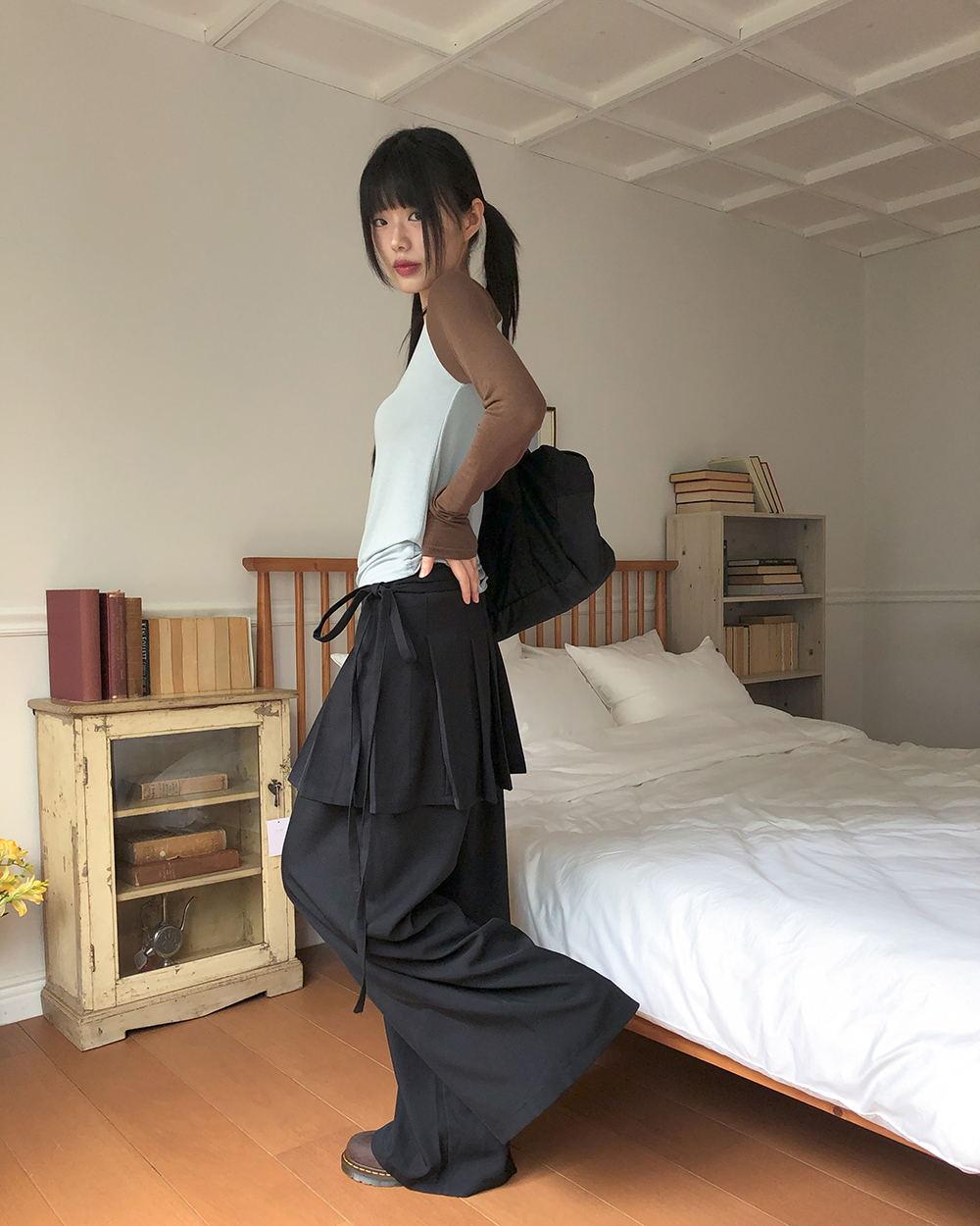 original]リボンストラップレイヤードラップスカートパンツ