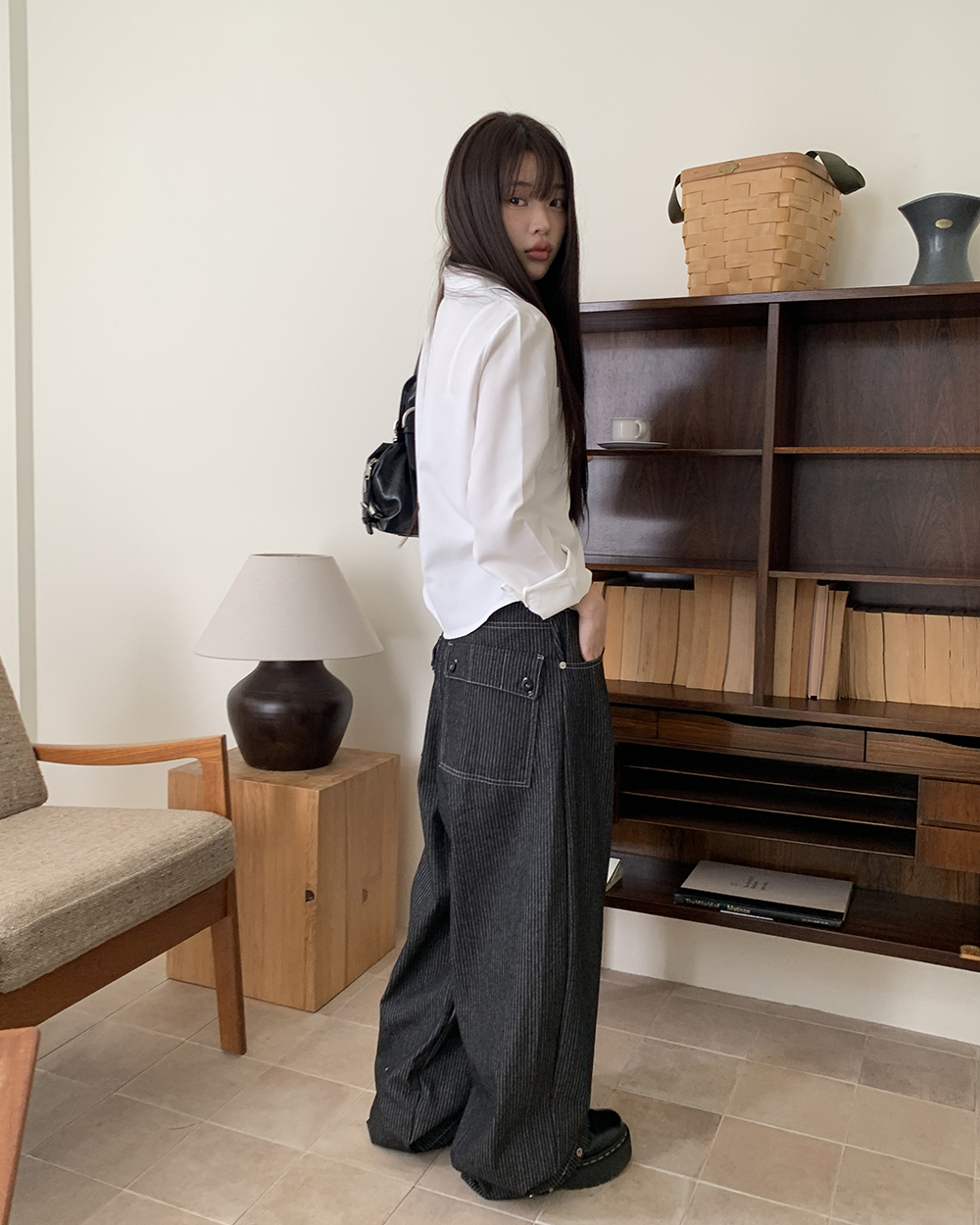 ストライプ ボーダービッグポケットデニムワイドパンツ | ファッション