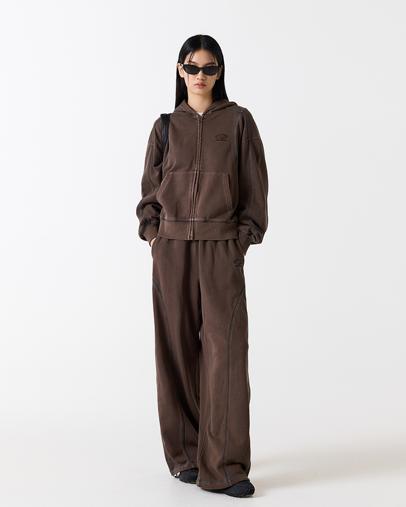 Pigment Cover Stitch Hooded Zip-Up - BROWN
