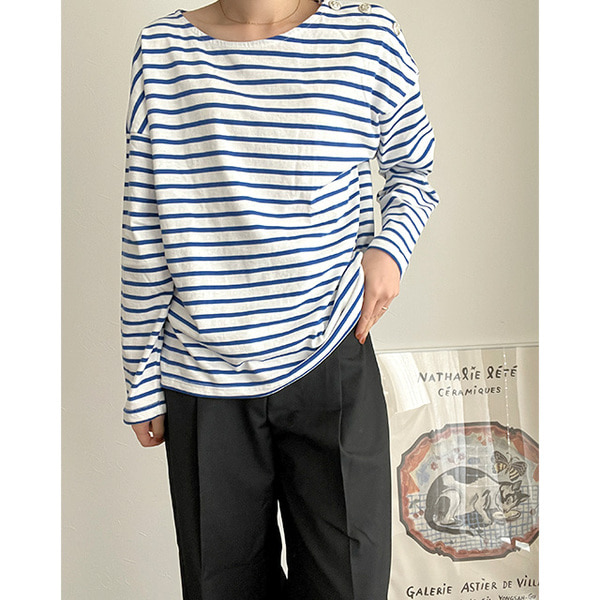 OUTIL ボートネック ストライプ長袖カットソー ボーダー ストレッチ ロンT レディース 長袖 カットソー tシャツ