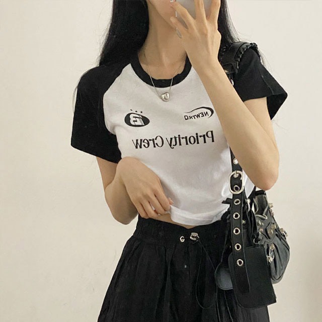 ラグラン配色レタリングシャーリング半袖