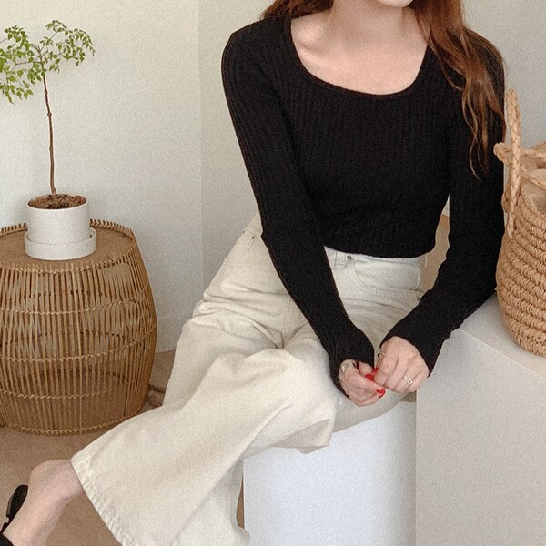 リブスクエアネックニットトップス | ファッション通販サイト NUGU