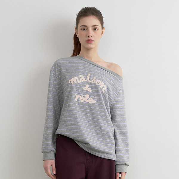 MAISON DE ROLA EMBROIDERY OFF SHOULDER STRIPE SWEATSHIRT GRAY