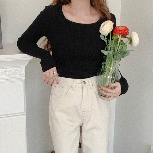 リブスクエアネックニットトップス | ファッション通販サイト NUGU