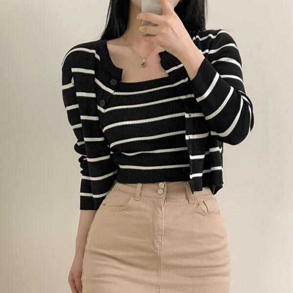 ひらひら、ストライプキャミソール&カーディガンセットアップ