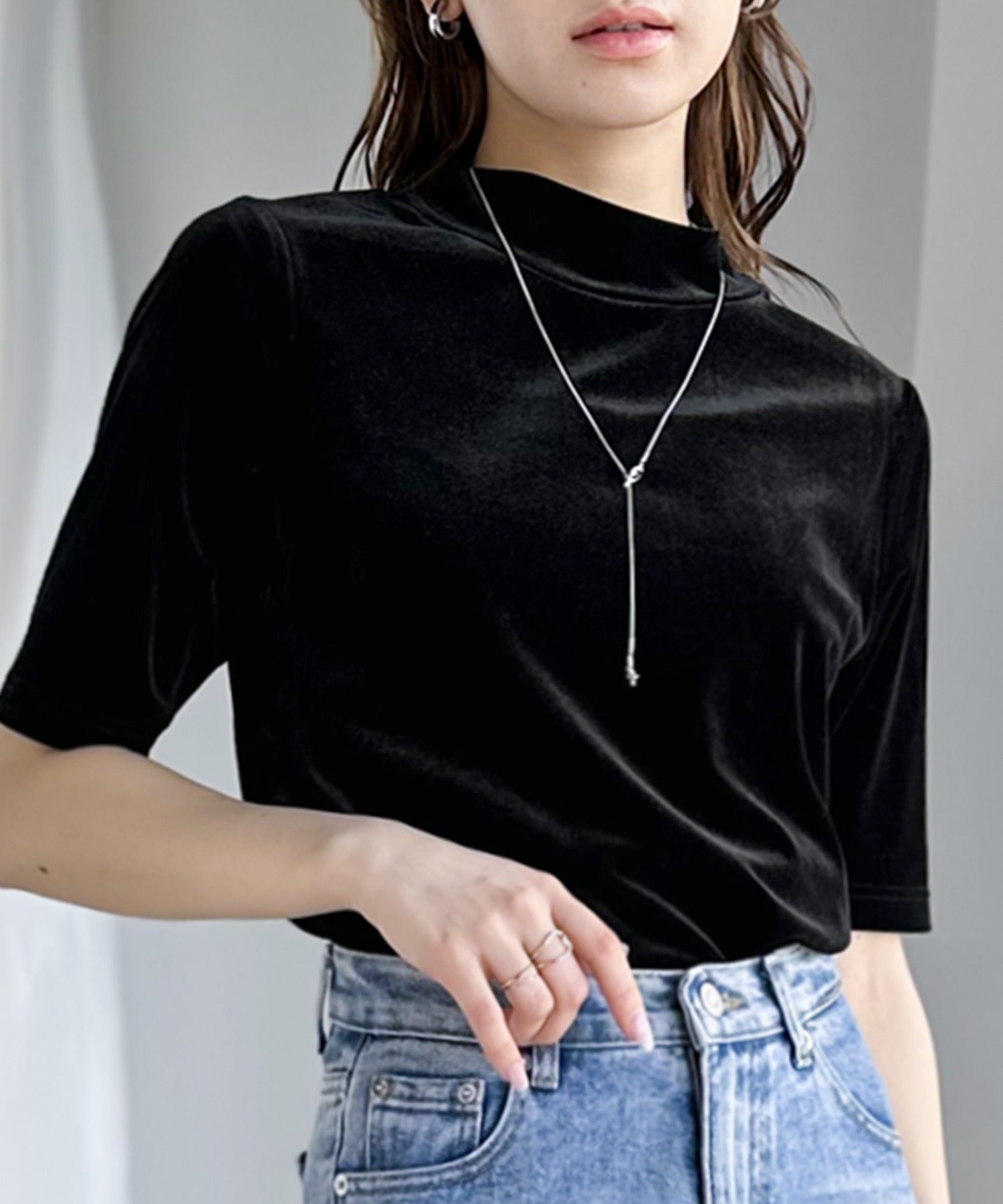 大人のサマーベロア。半袖モックネックトップス ce1020098