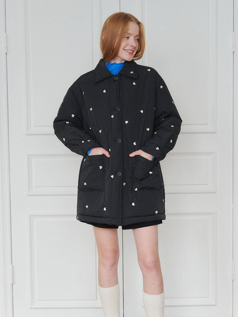 K-POPアイドル着用] Frill Heart Hoodie, Dot Navy