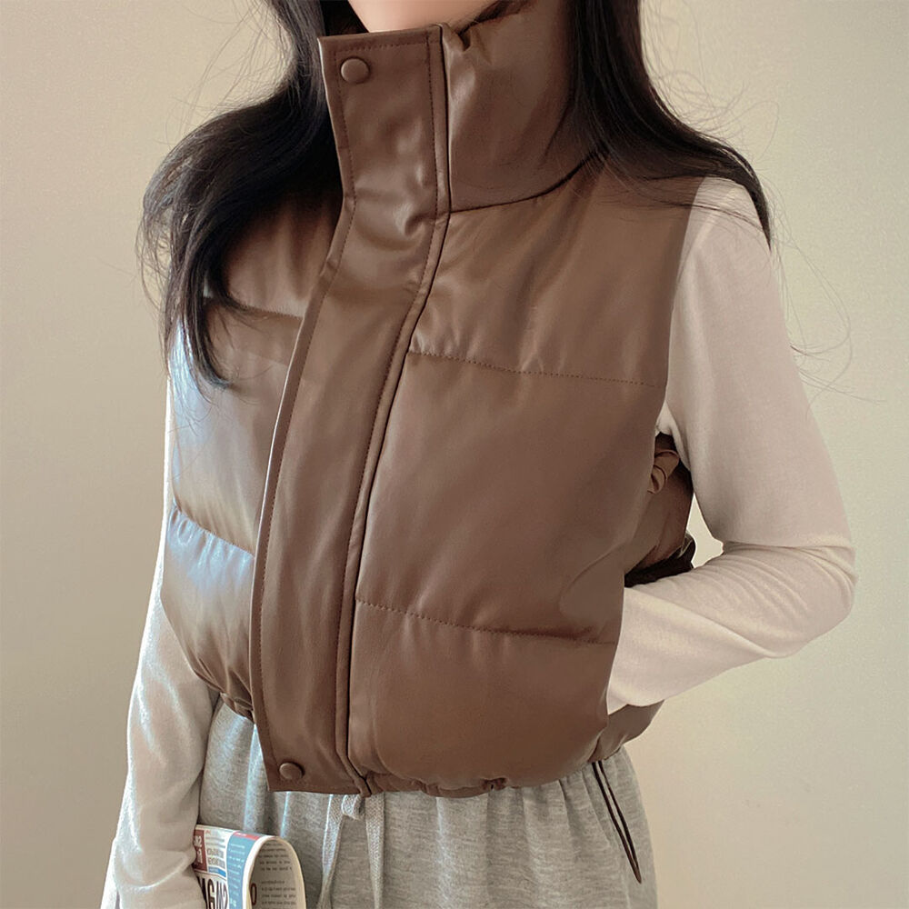 2color] レザーハイネッククロップドショートダウンベスト
