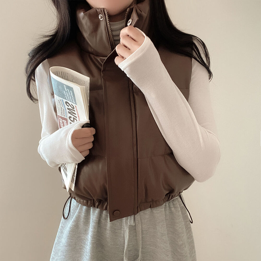 2color] レザーハイネッククロップドショートダウンベスト