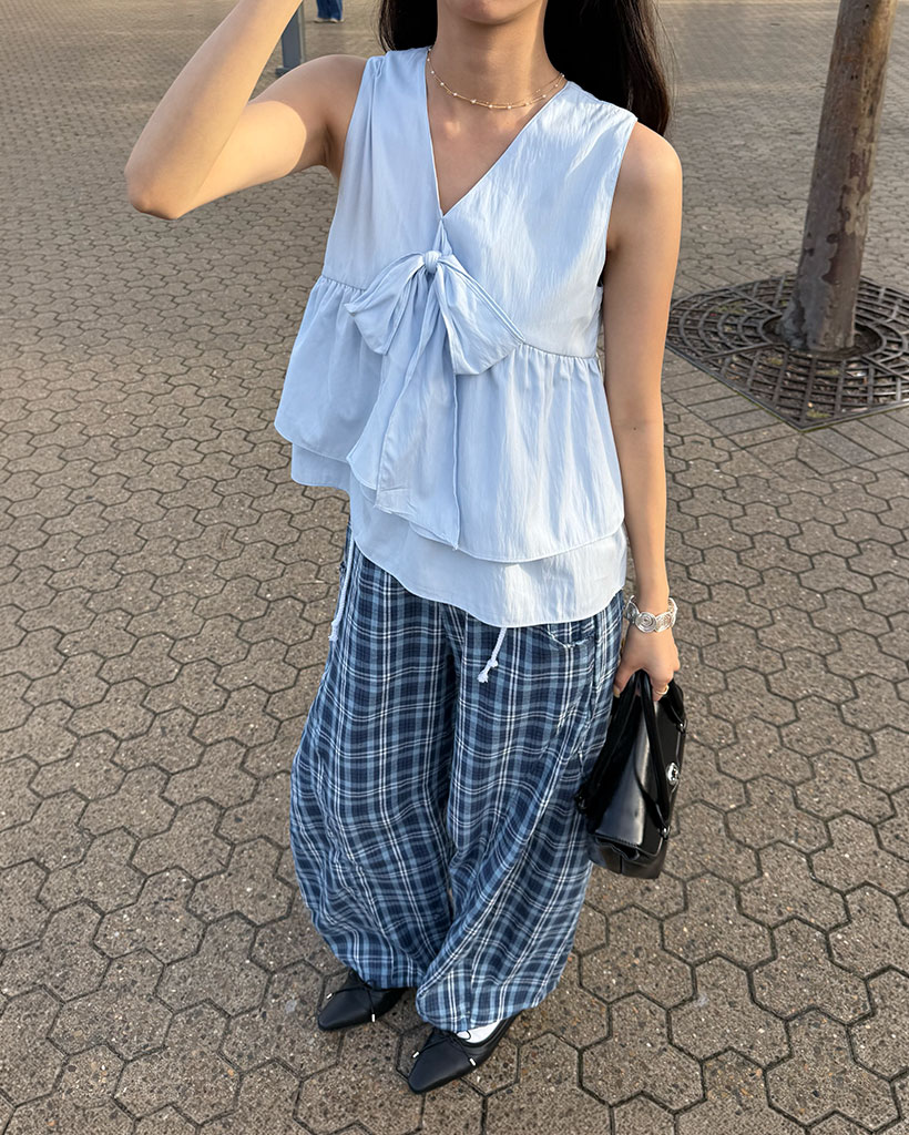 チェックストリングポイントバンディングワイドパンツ