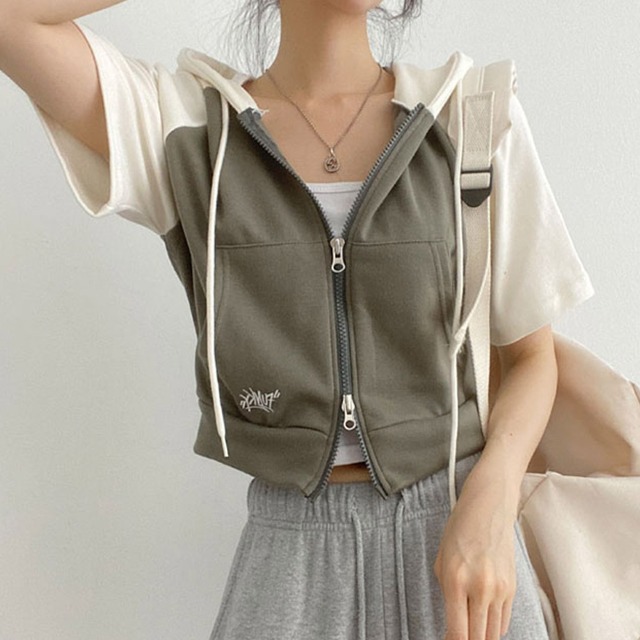 3color]ファンキークロップド2way半袖パーカージップアップ