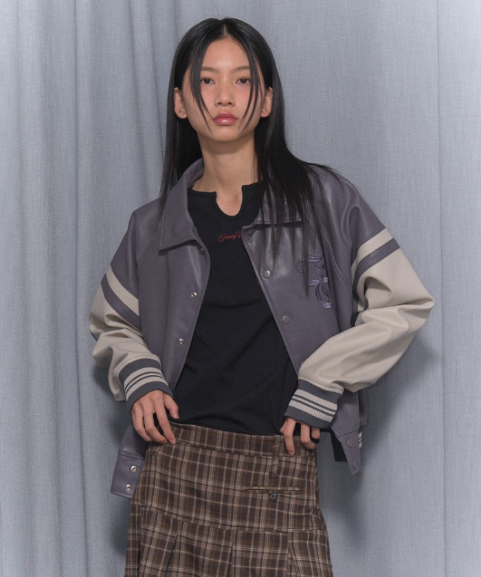 [NF] MALLOW VARSITY LEATHER JACKET (GRAY)_FZA939