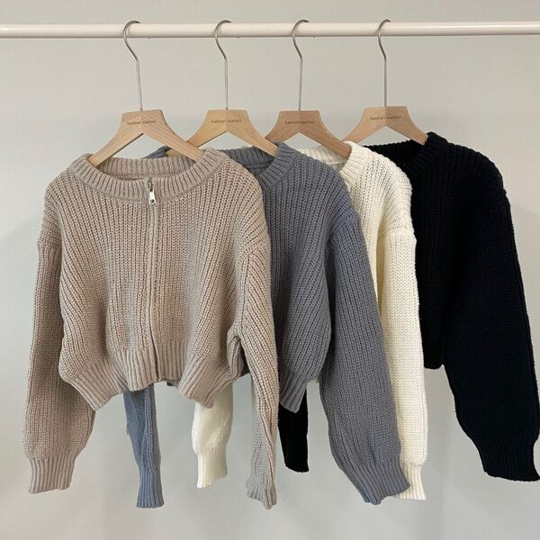 4カラー)クロップド透かし編長袖パーカーニットカーディガン