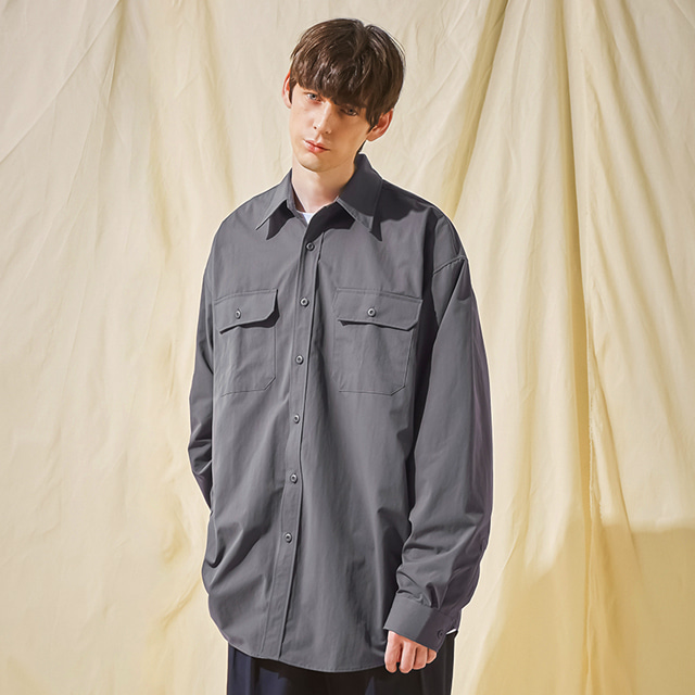 VARZAR] VZ Logo Big Over Fit Nylon Work Shirt Darkgray