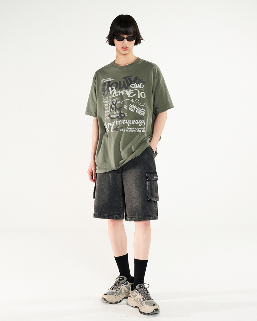 Youth Graffiti Graphic Oversized Fit T-Shirt - khaki