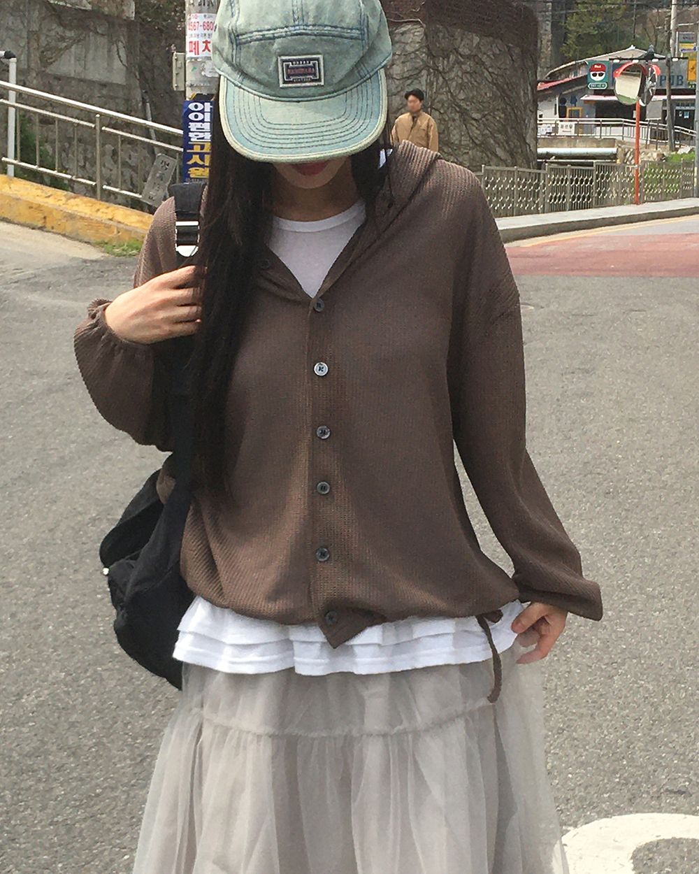 original]ストリングシースルーフード付きカーディガン