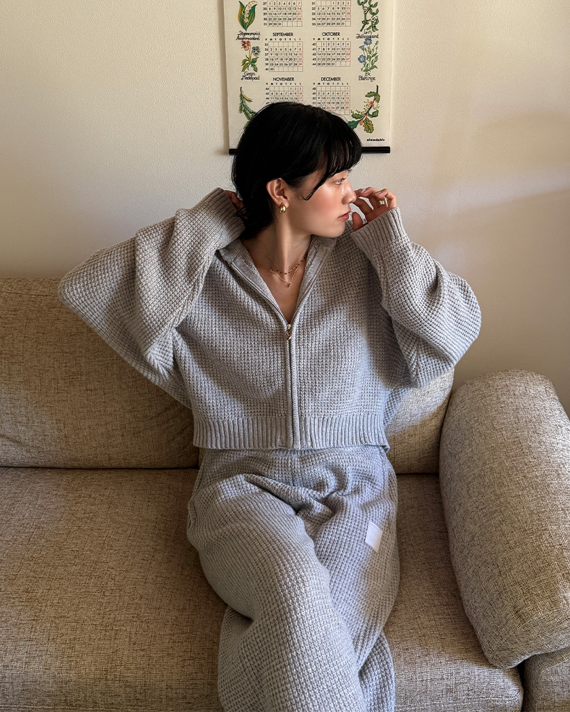 The Barnnet X daisy] Grey Bella Waffle Knit Zip-up Hoodie