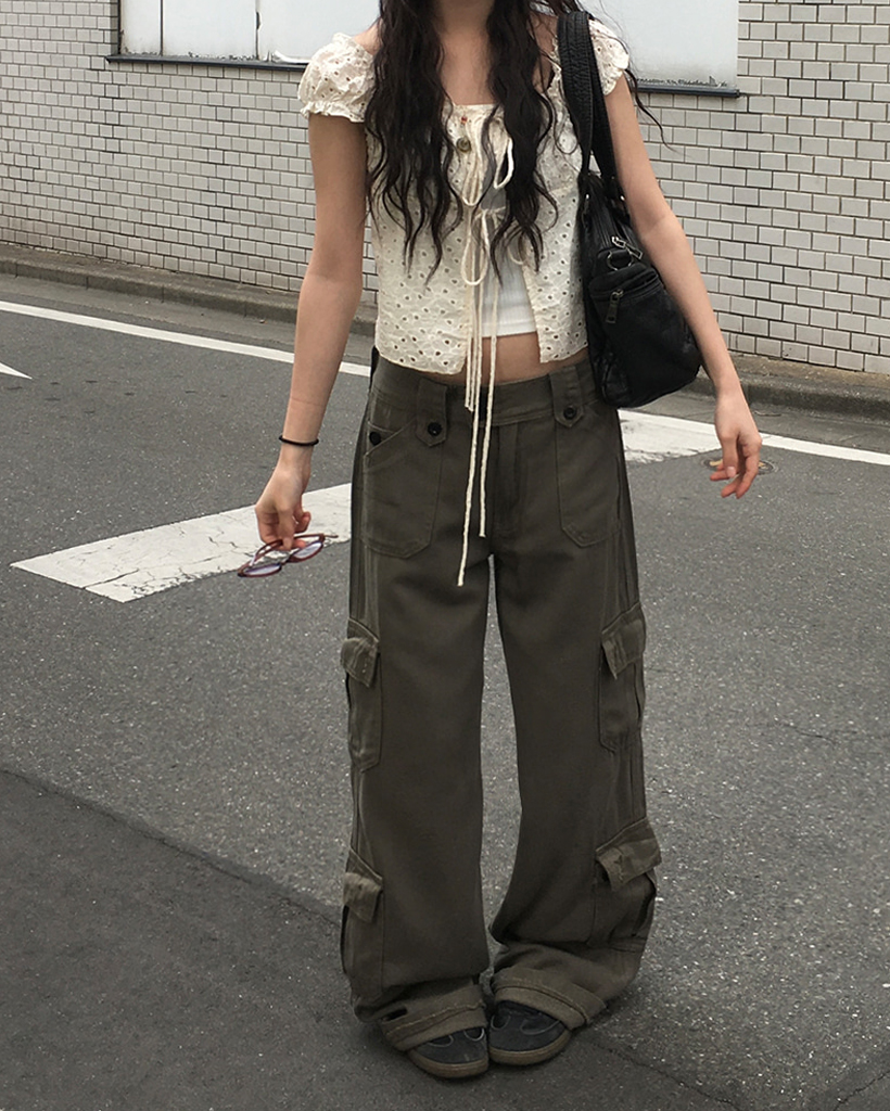 モデル絶賛] Y2Kフラップポケットカーゴワイドパンツ (2color