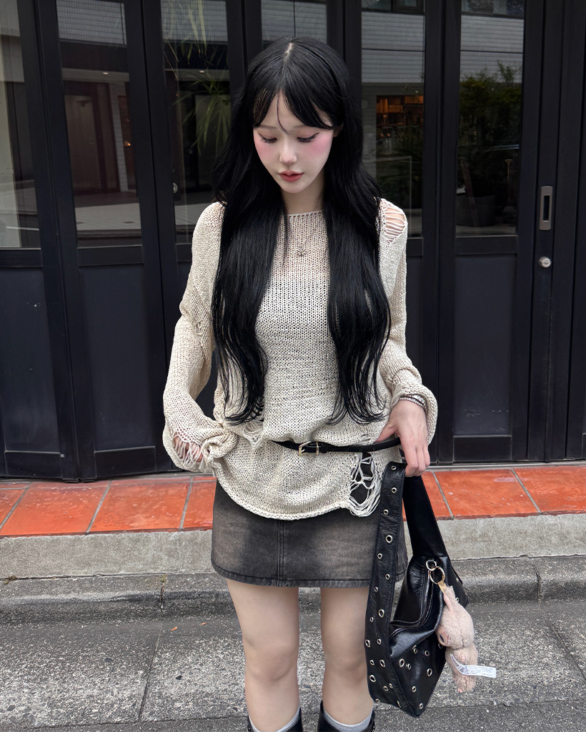 NUMBER NINE 長袖ニット ダークグレー　メッシュ miniministore メッシュニット 透かし編みトップス 長袖