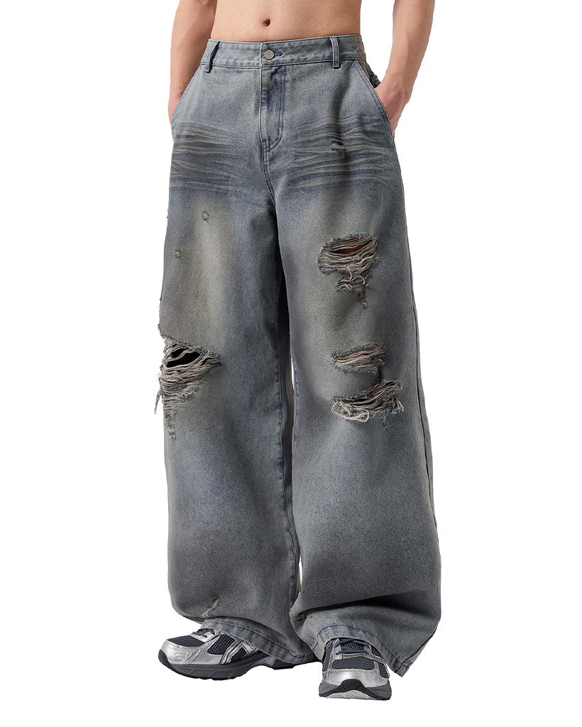 Dirty Washed Destroyed Denim Pants - BLUE | ファッション通販 Dirty Washed Destroyed Denim Pants - BLUE | ファッション通販