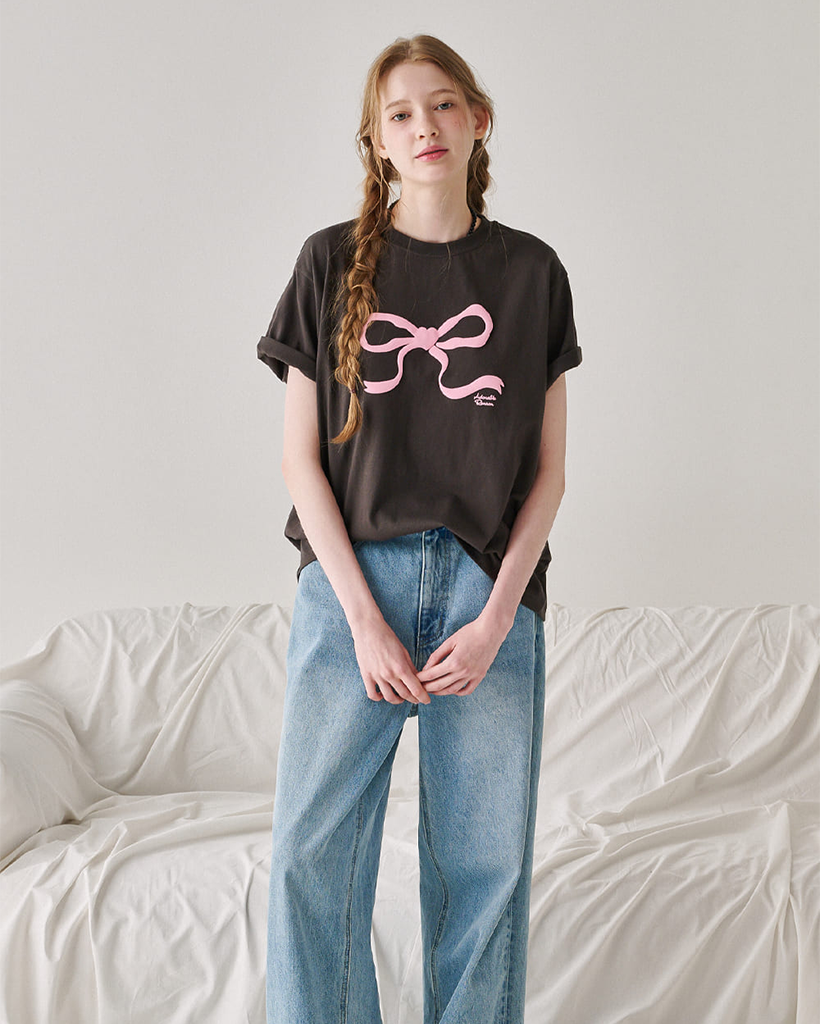 RONRON Tシャツ EMBO HEART RIBBON BASIC FIT チャコールピンク EMBO HEART RIBBON BASIC FIT T SHIRT CHARCOAL PINK