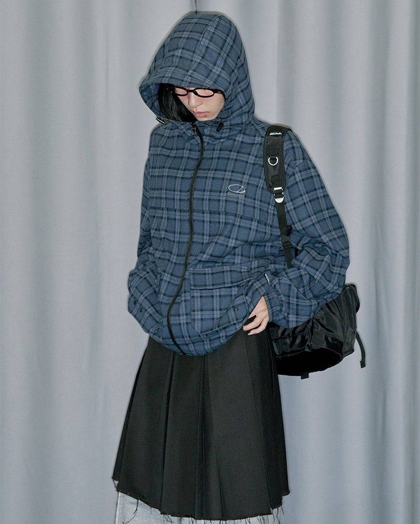 Flannel Check Hood Jacket - NAVY