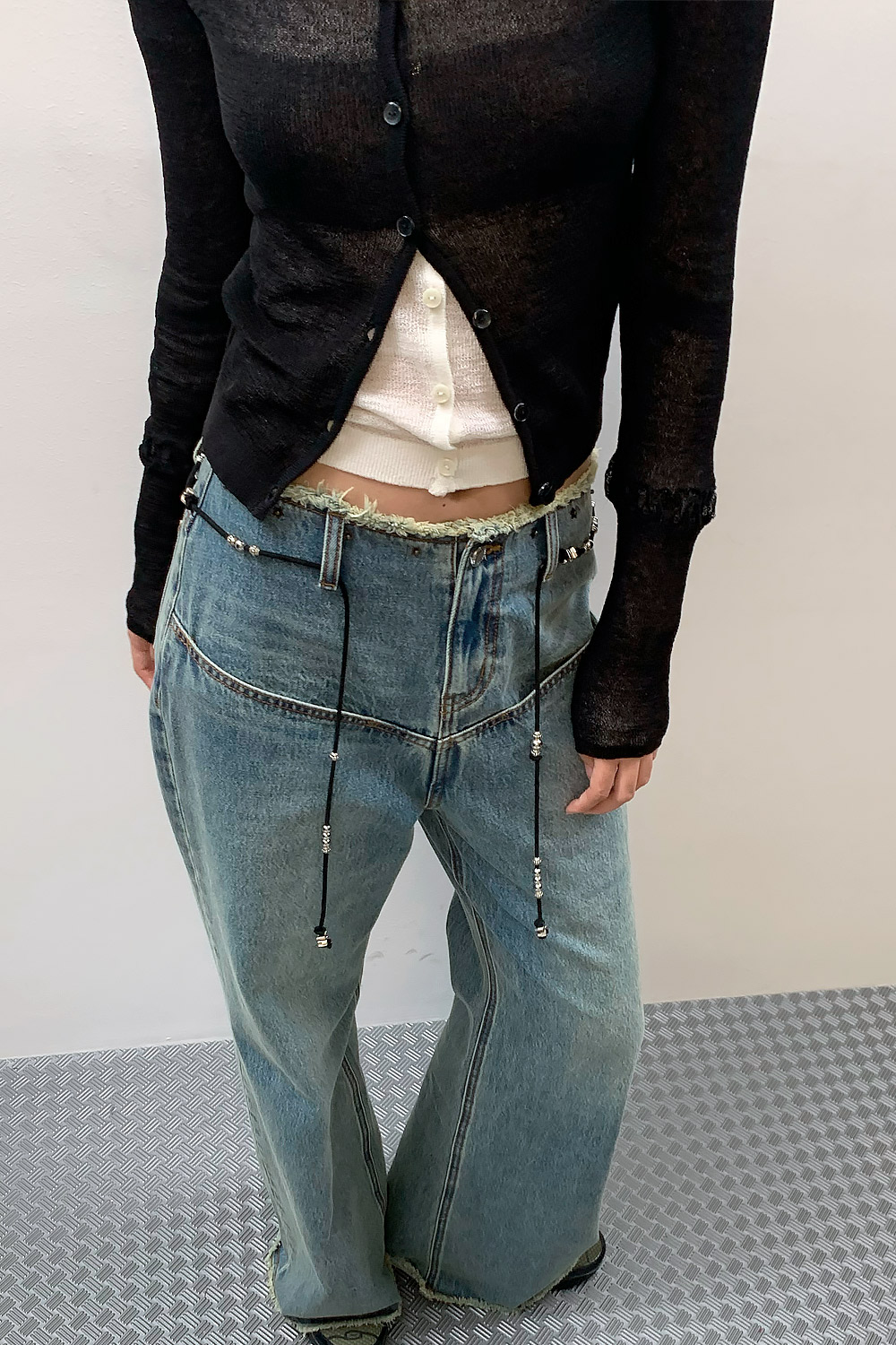 SEE THROUGH SHIRRING CARDIGAN - black