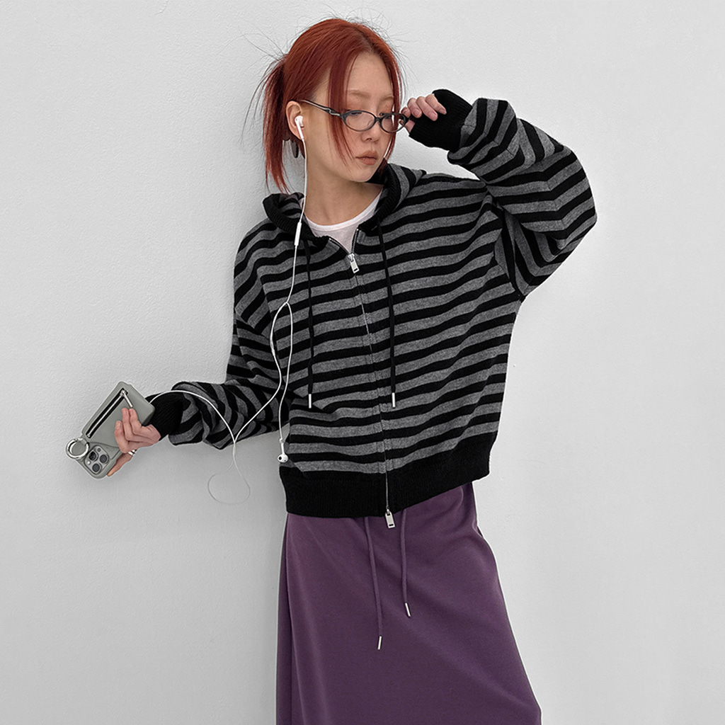 [original] ストライプ ボーダー ニット フード ジップアップ