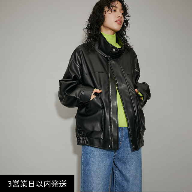 スタンドネックフェイクレザージャケット | ファッション通販