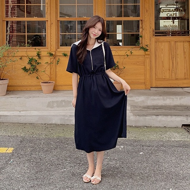 original] 配色セーラーカラージップアップワンピース | ファッション