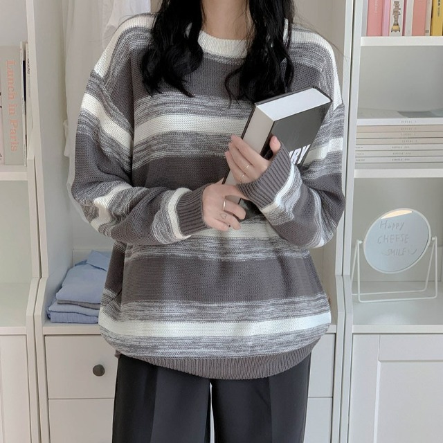 グレー系ボーダー　裏毛ニット ボーダーニット | ファッション通販サイト NUGU