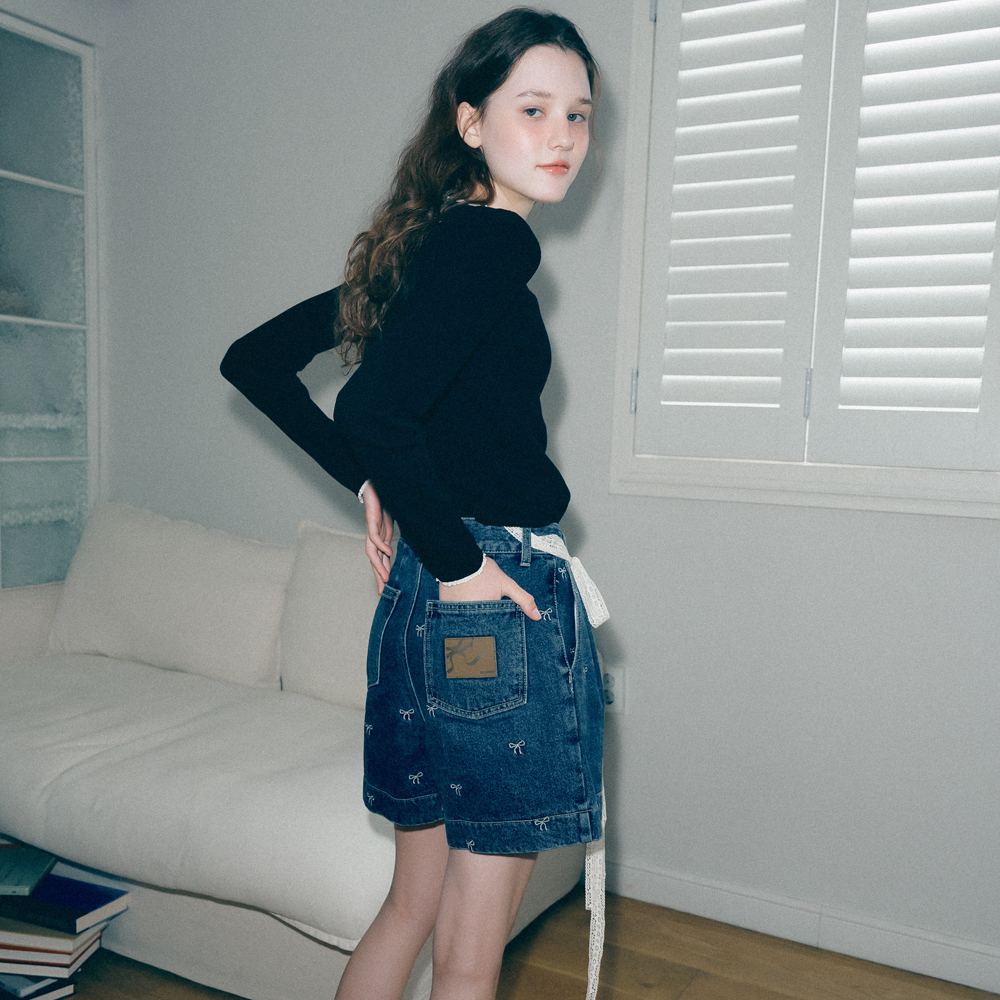 ショートパンツ RONRON RIBBON PATTERN PINTUCK DENIM SHORT PANTS MEDIUM BLUE RIBBON PATTERN PINTUCK DENIM SHORT PANTS MEDIUM BLUE