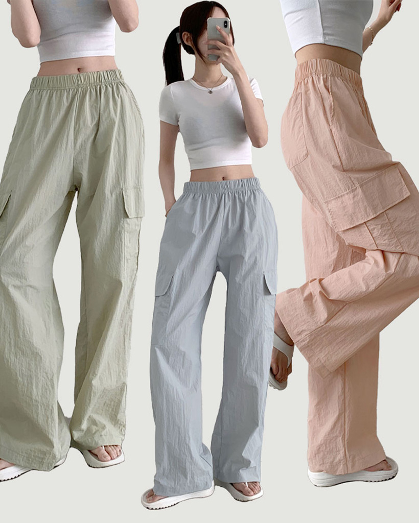 [選べる着丈] ナイロンゴムロングワイドパンツ