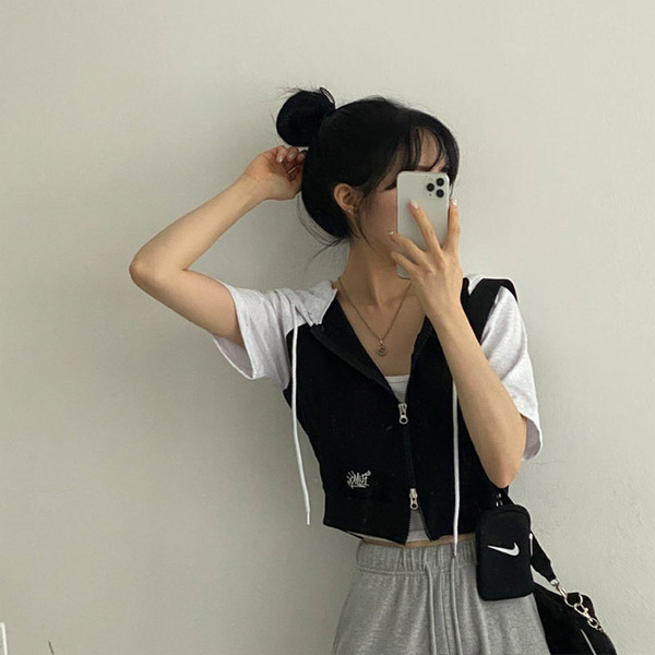 3color]ファンキークロップド2way半袖パーカージップアップ