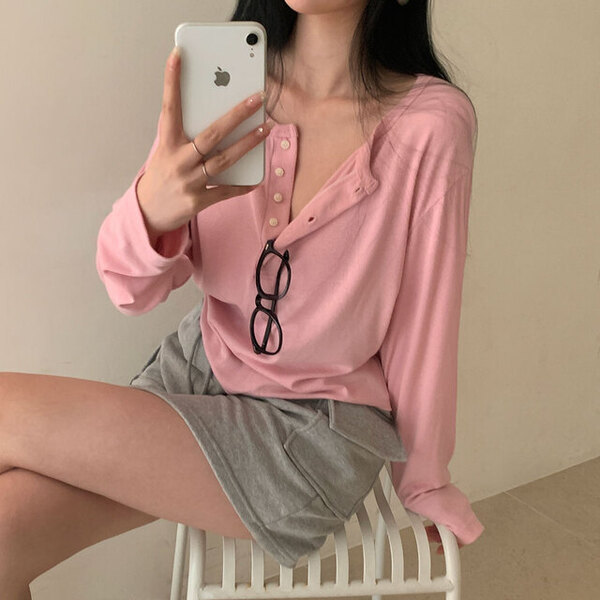 ORIGINAL) ひらひら、リブオープンボタンTシャツ | ファッション