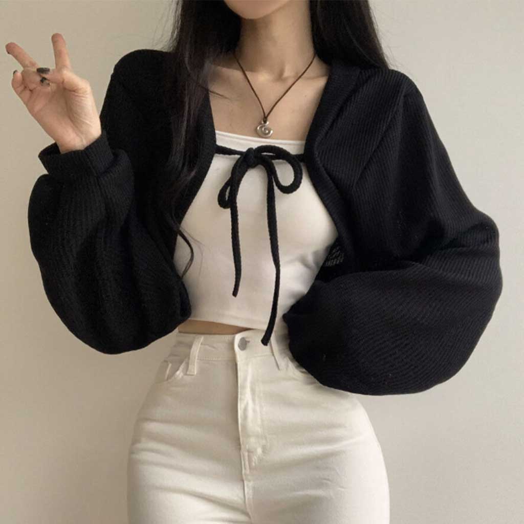 ルネ♡ボレロカーディガン S-LL】配色ステッチ ふんわりクルーネックカーディガン