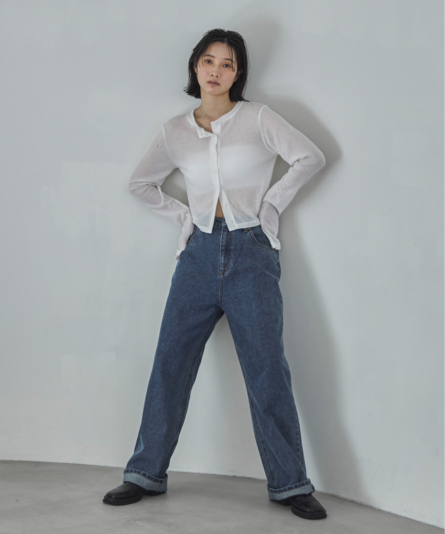 スタニングルアー シアーリブカーディガン グレー　S STUNNING LURE(スタニングルアー)｜rシアーリブニットカーディガン