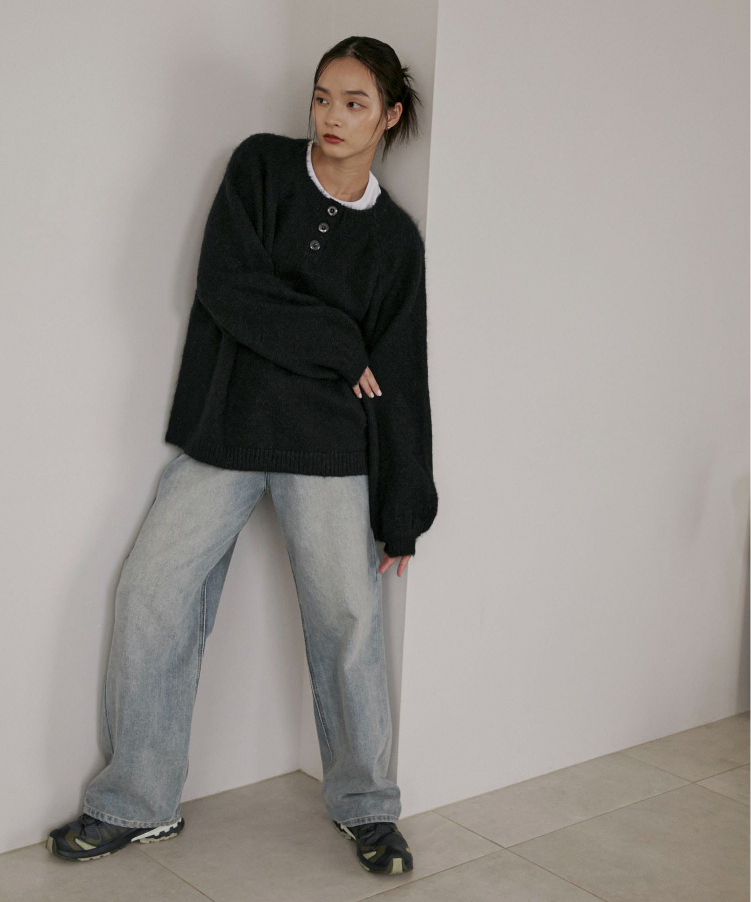 ハンドウォッシャブル】ウール混起毛ヘンリーニット | ファッション