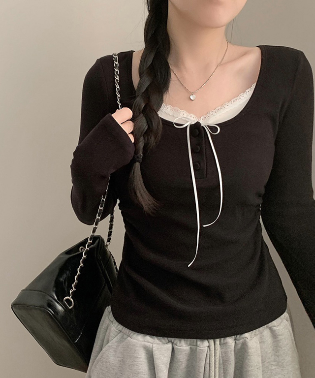 (4color) レース リボン レイヤード Tシャツ トップス