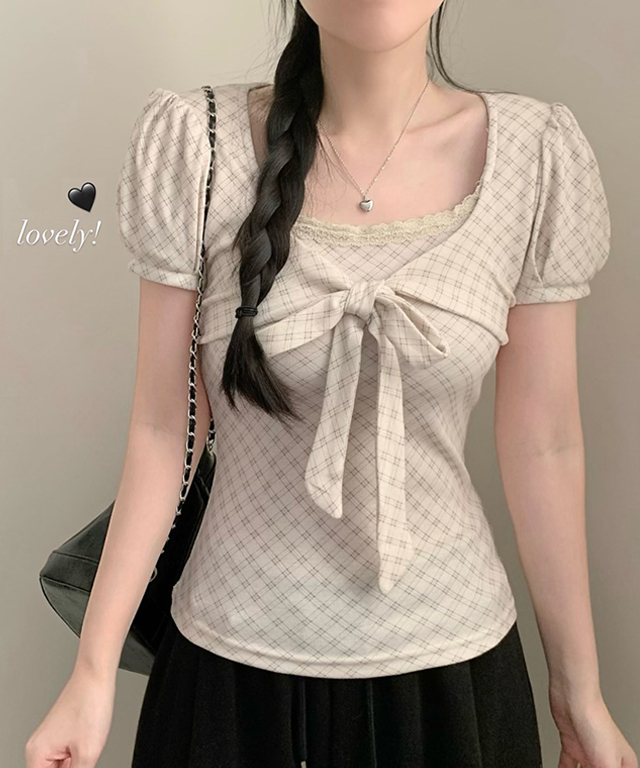 (3color)チェックリボンパフスリーブTシャツ