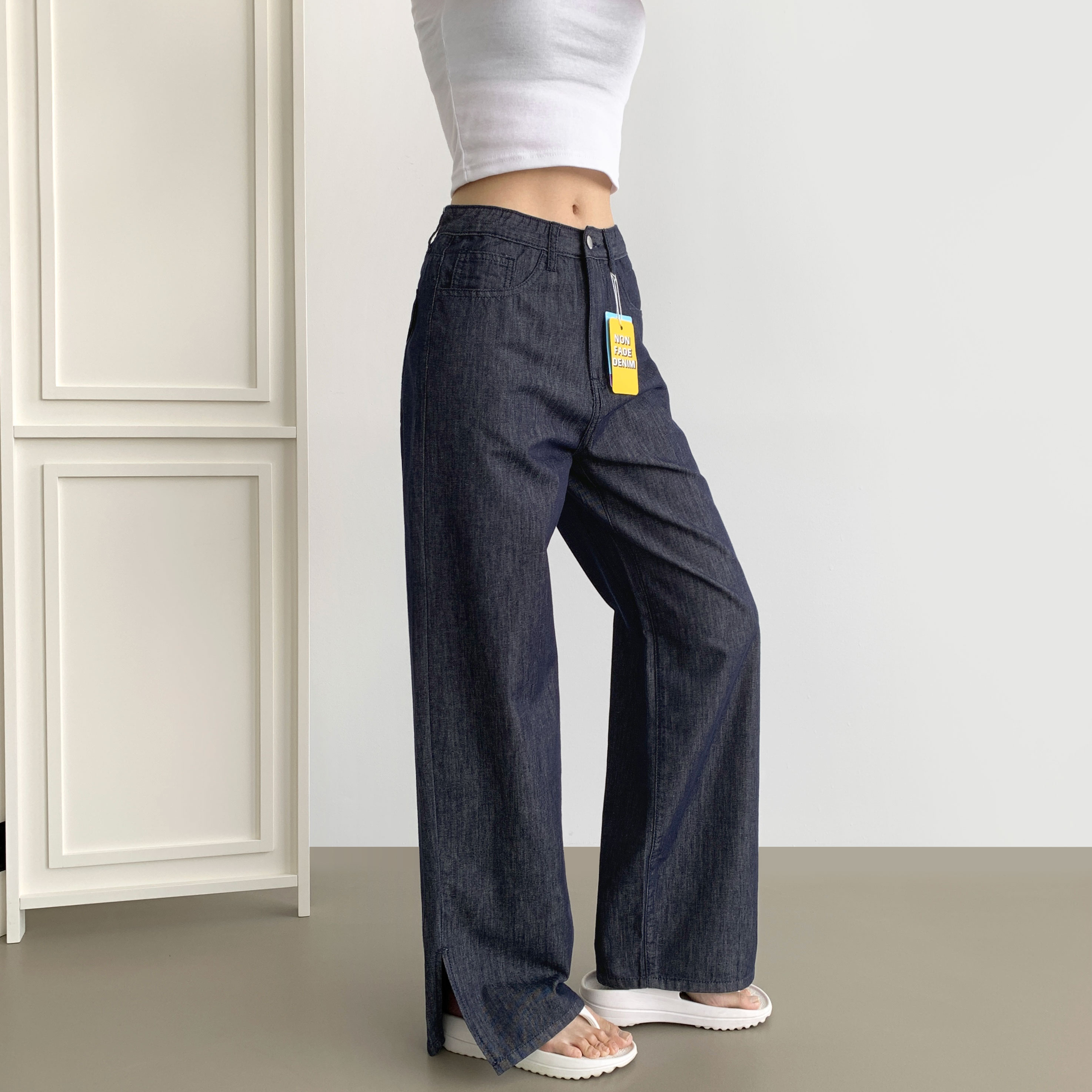 ねるまさ original] ノンフェード冷感ウエストゴムワイドデニムパンツ