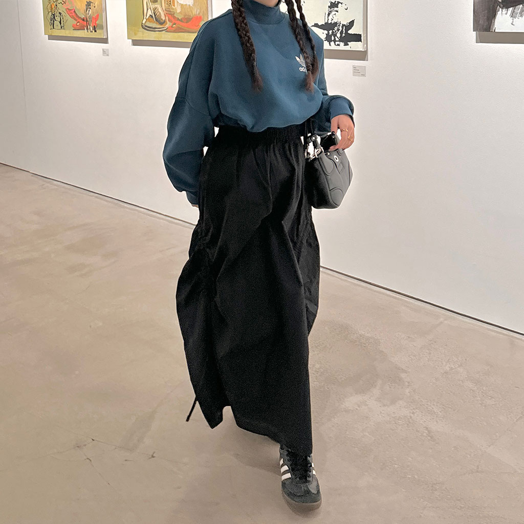 monoha シャーリングスカート　ロングスカート　ブラウンスカート forksy.】タフタシャーリングスカート forksy.│MONO-MART