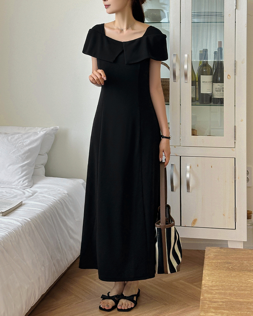 【powantolune】オケージョン ドレス ブラック オケージョン】フラップフレアロングドレスワンピース