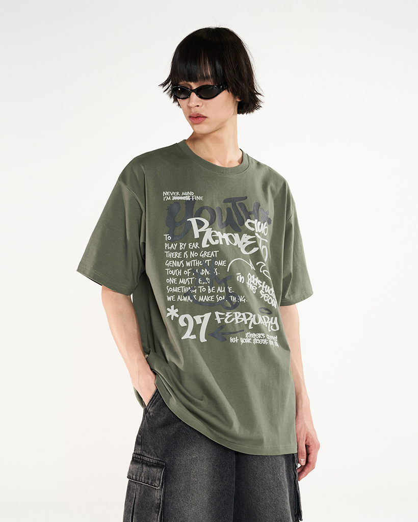 Youth Graffiti Graphic Oversized Fit T-Shirt - khaki