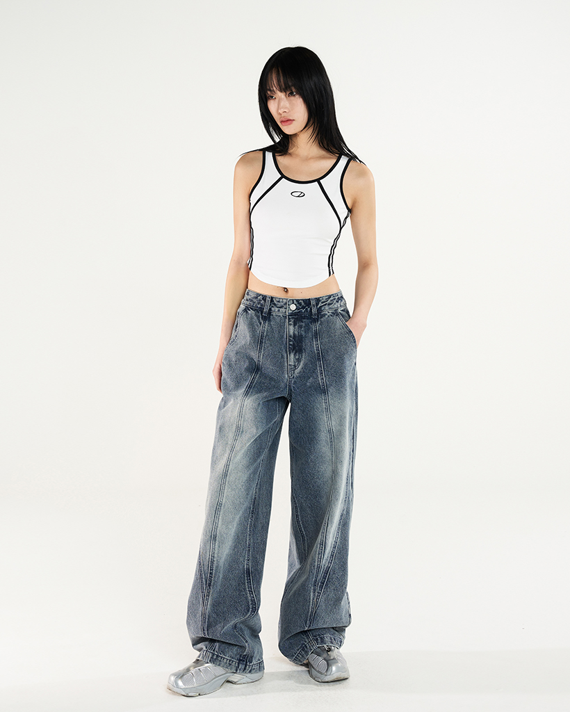 nonページ Diagonal cut wide denim pants - blue | ファッション通販