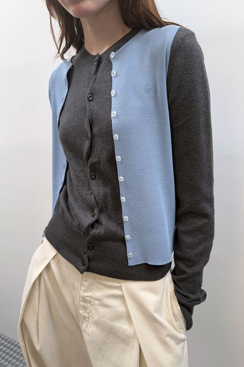 UNBALANCE BUTTON CARDIGAN - charcoal