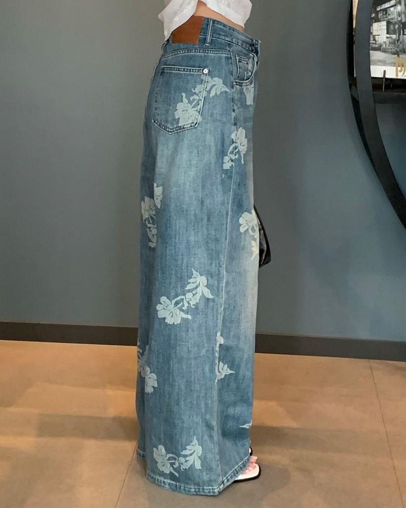 フラワープリントワイドデニムパンツ | ファッション通販サイト NUGU